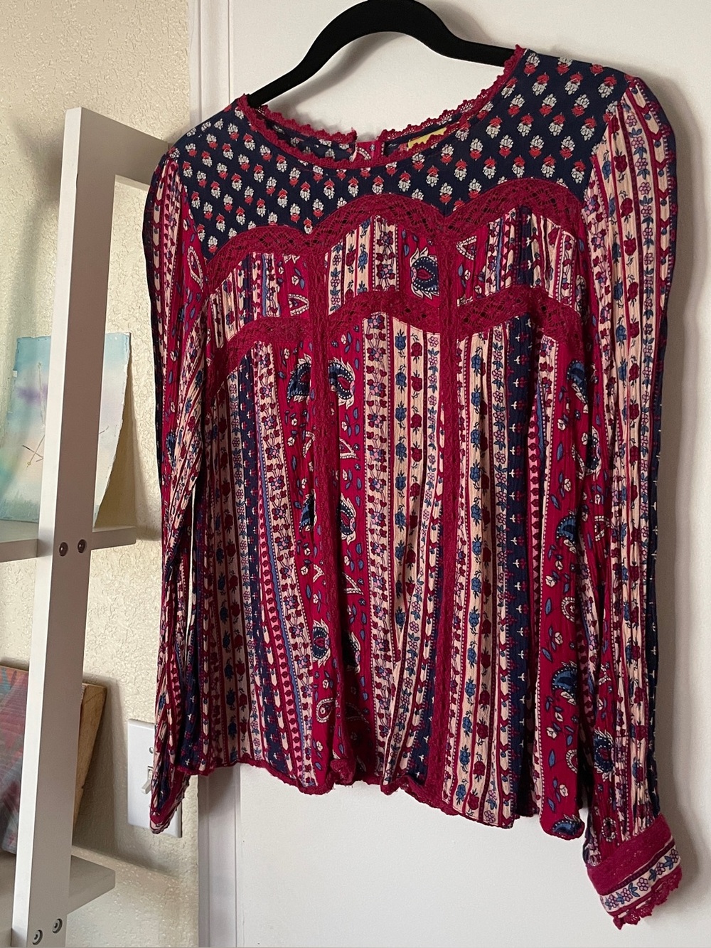 Anthro / MAEVE / Size M / Pink & Navy Boho Pintuck Top